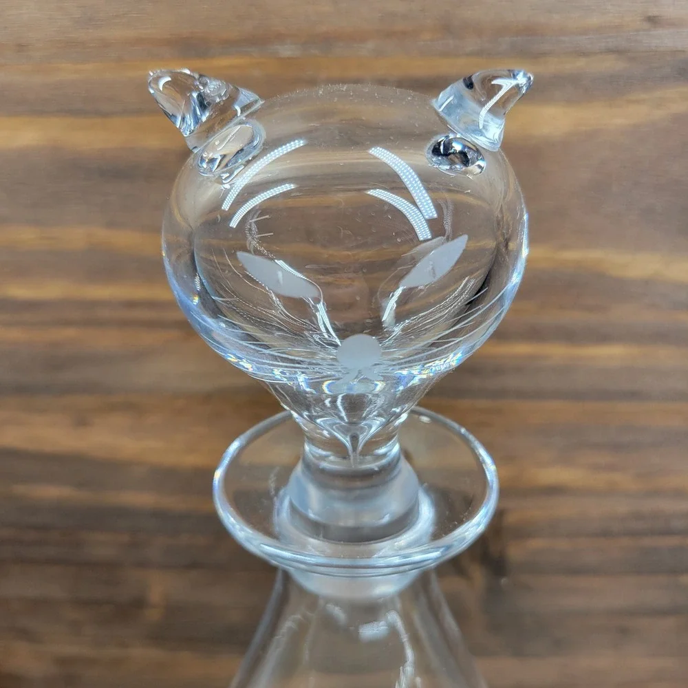 VTG Orrefors Cat Head Crystal Decanter Bottle MCM Barware Signed Sven Palmquist